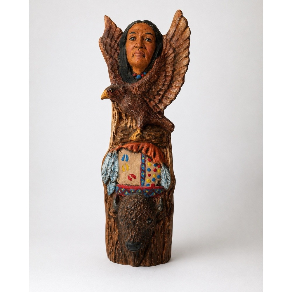 Vintage Native American Eagle Buffalo Faux Wood Resin Figurine 10" Hand Painted